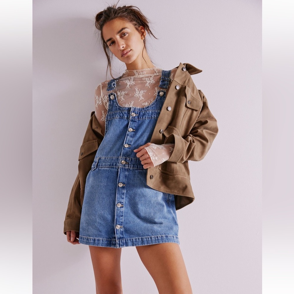 Free People Denim Button-Front Overall Dress in Blue
